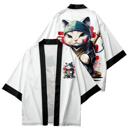 Cute Cat Warriors Print Cardigan Kimono Outerwear - White D