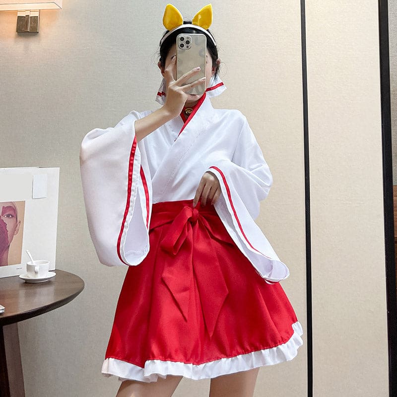 Cute Cosplay Big Bow Kimono Two Pieces Set