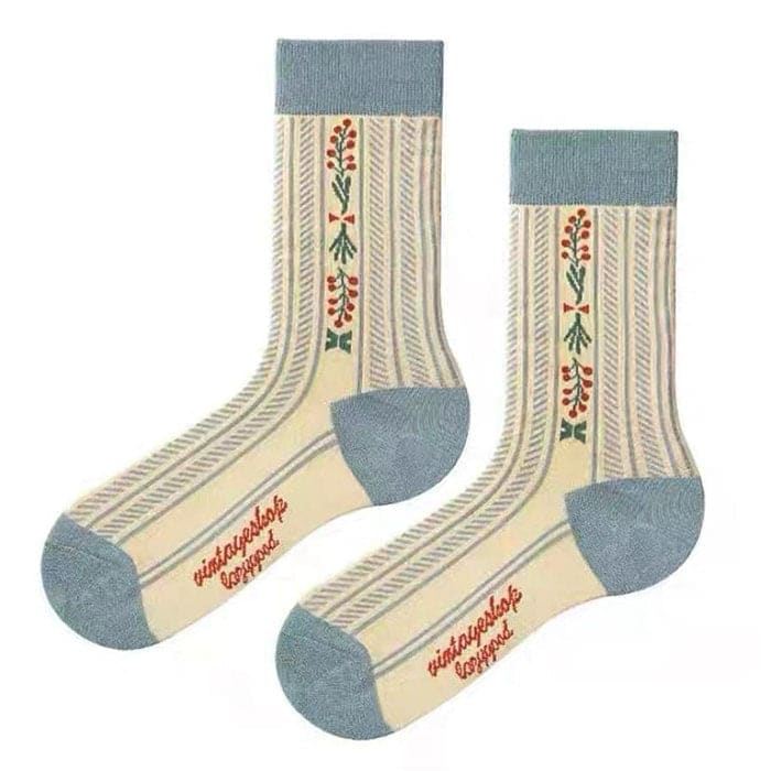 Cute Floral Stripe Socks - Blue - Socks
