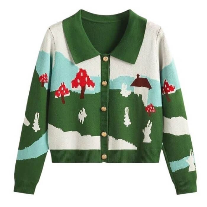 Cute Green Mushroom Collar Cardigan - S / Green - Cardigan