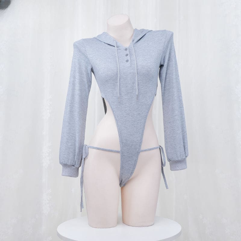 Cute Grey Hooded Bodysuit Sweater ON901 - grey / F