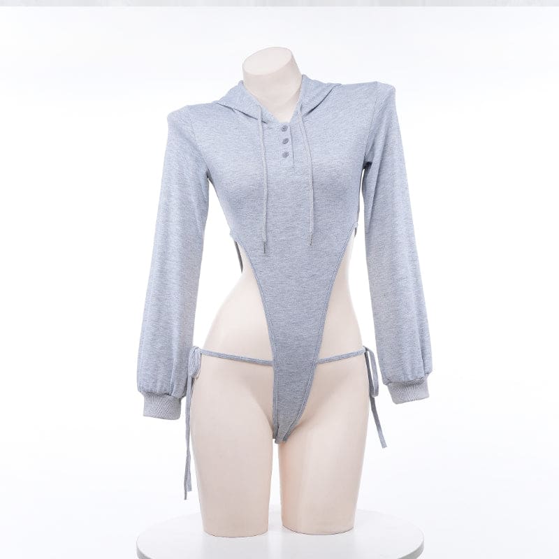 Cute Grey Hooded Bodysuit Sweater ON901 - grey / F