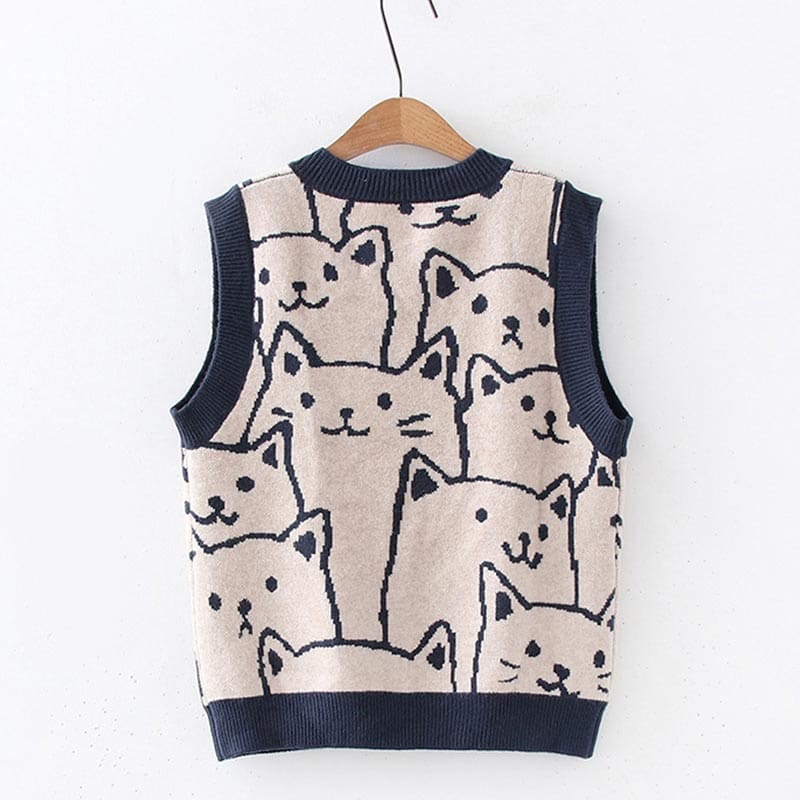 Cute Kitty Print Vest Lace Up Shirt Set