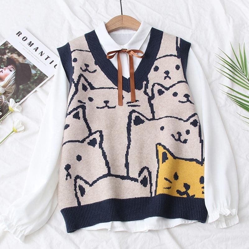 Cute Kitty Print Vest Lace Up Shirt Set