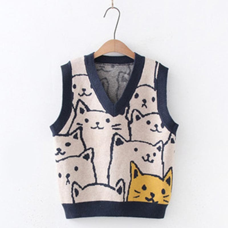 Cute Kitty Print Vest Lace Up Shirt Set - Vest / One Size