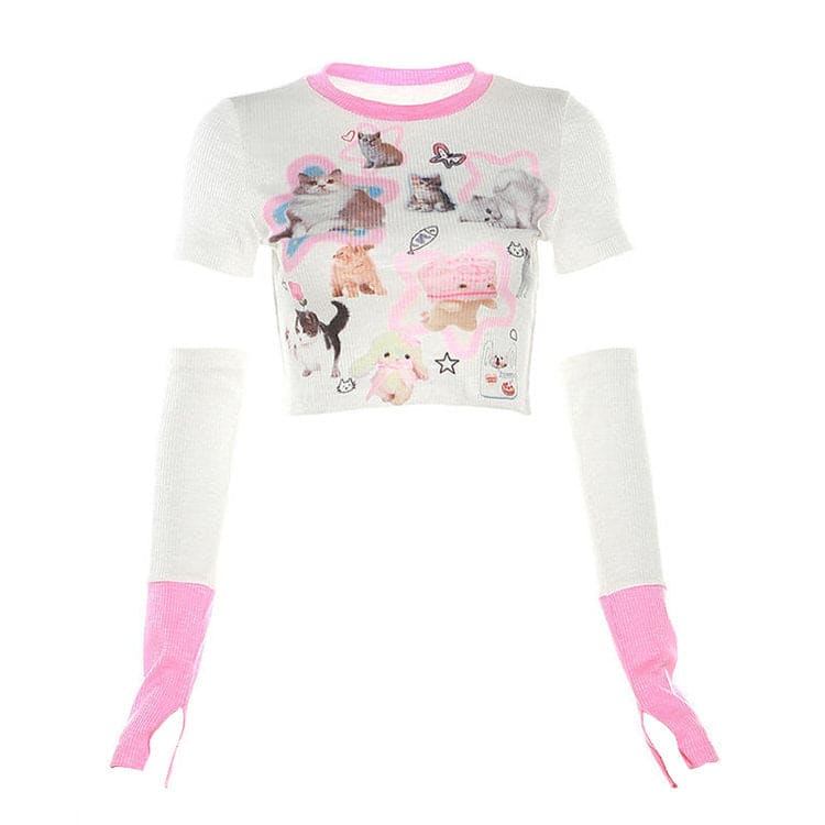 Cute Kitty Top and Gloves Set - S / Pink - Tops