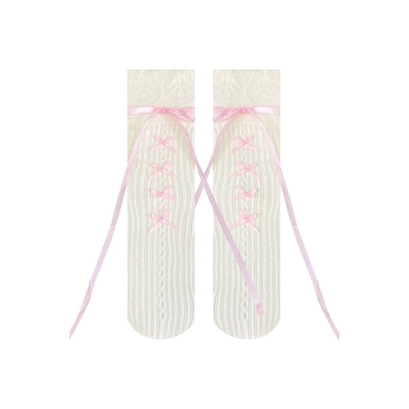 Cute Lace Stripe Bow Stockings - Stockings