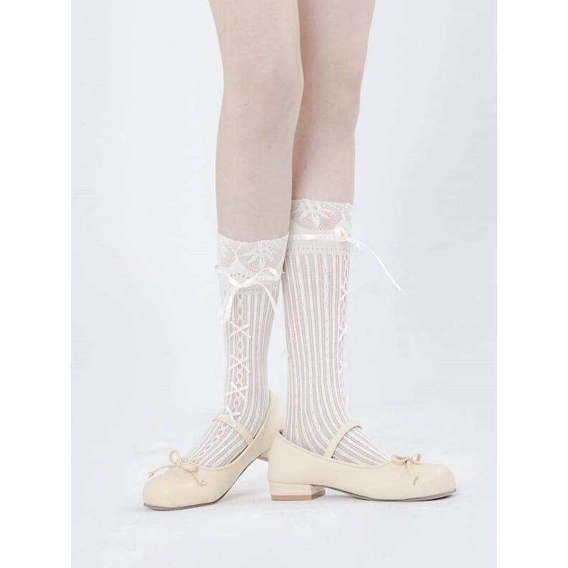 Cute Lace Stripe Bow Stockings - Stockings