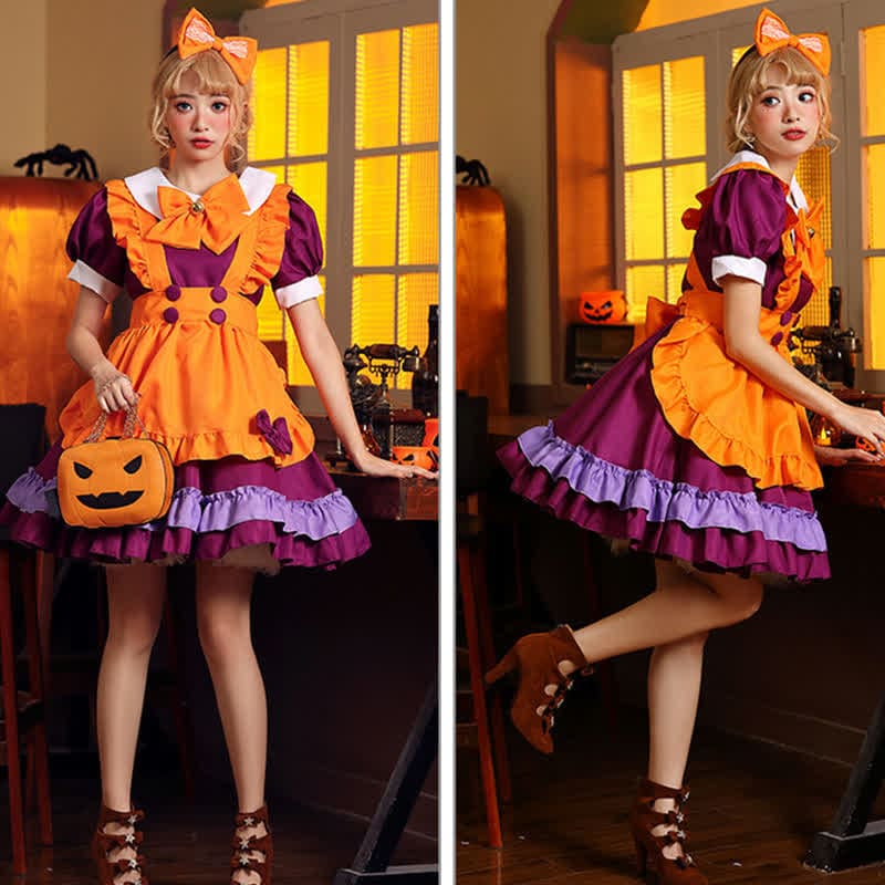 Cute Orange Bow Decor Puff Sleeve Maid Dress