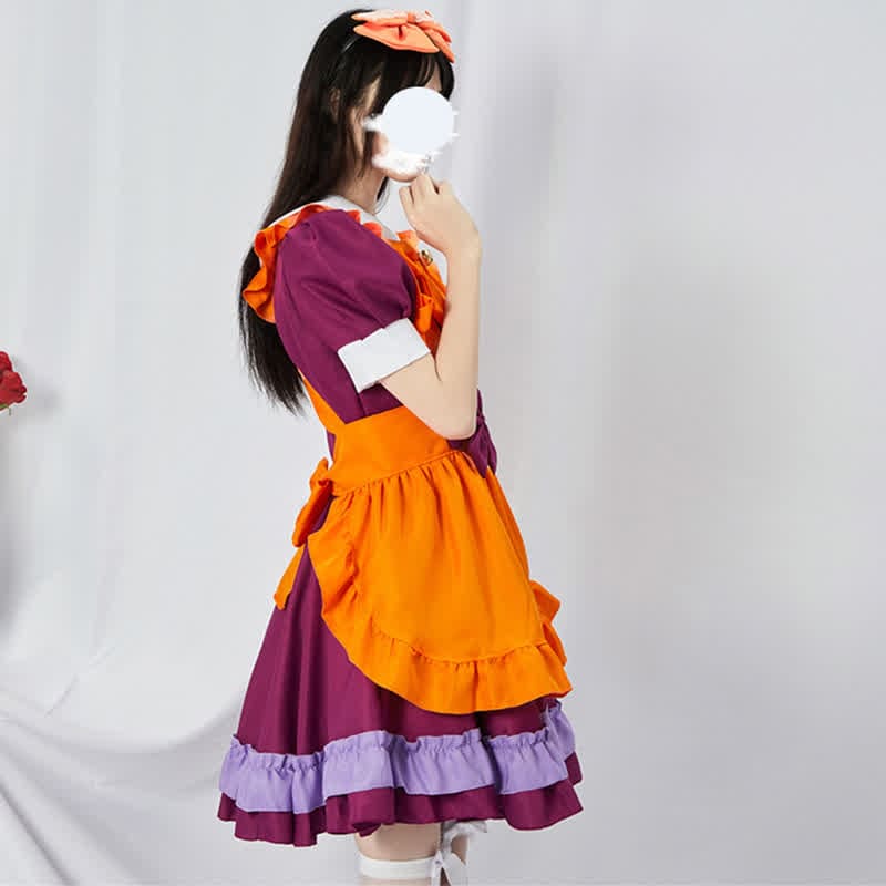 Cute Orange Bow Decor Puff Sleeve Maid Dress