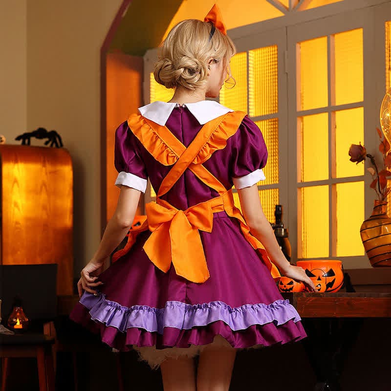 Cute Orange Bow Decor Puff Sleeve Maid Dress