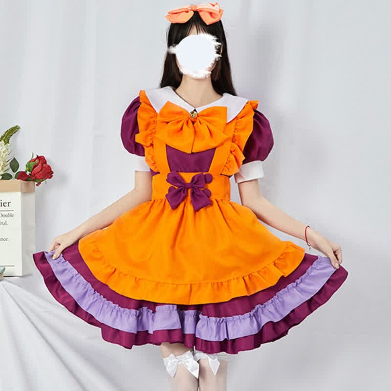 Cute Orange Bow Decor Puff Sleeve Maid Dress