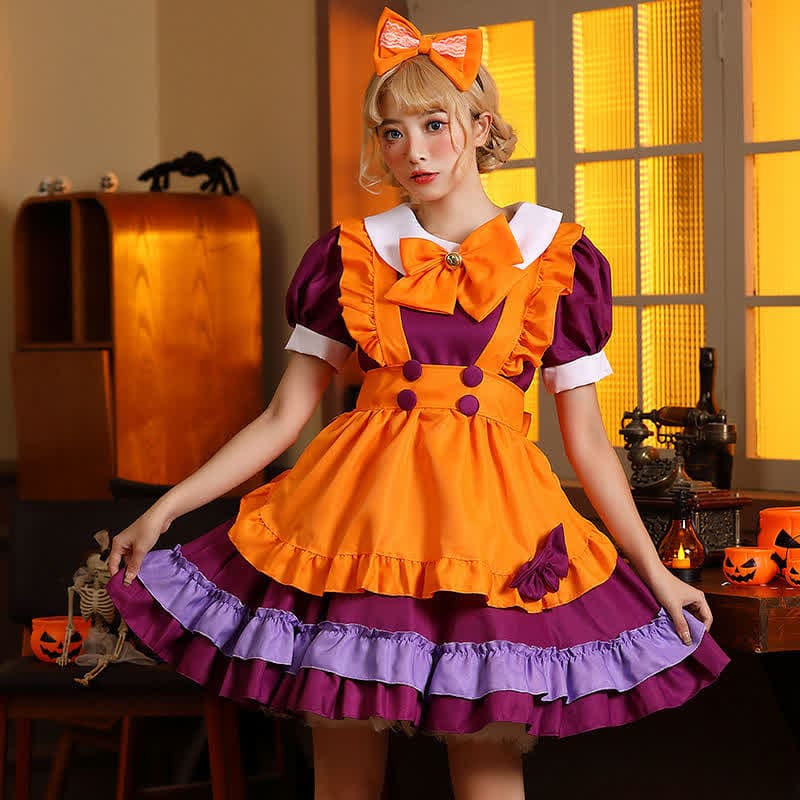 Cute Orange Bow Decor Puff Sleeve Maid Dress - Orange / S