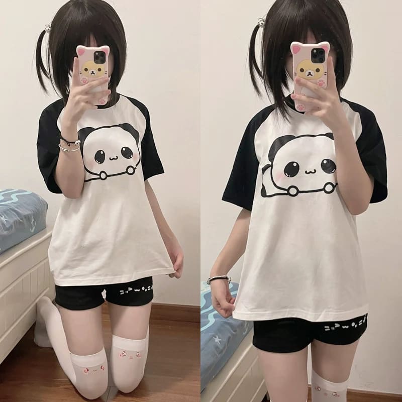 Cute Panda Top Pants - Black Jeans / S