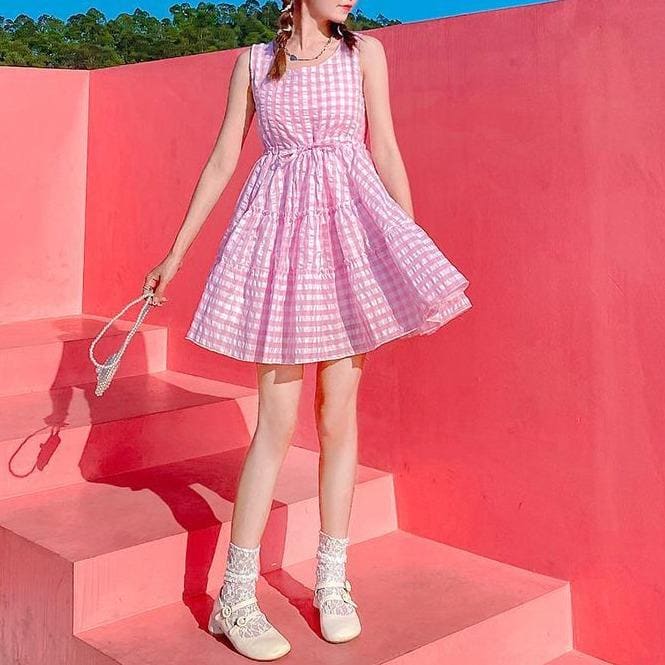 Cute Pastel Pink Plaid Kawaii Summer Dress MM1885 - Dress