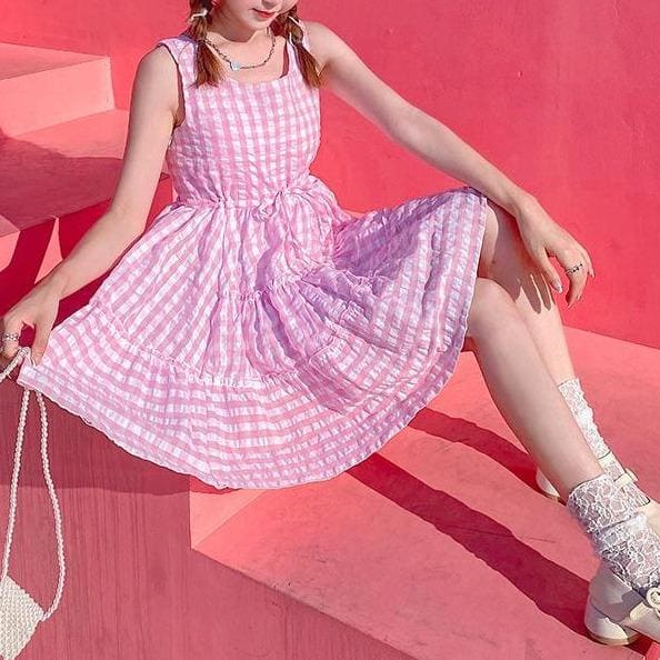 Cute Pastel Pink Plaid Kawaii Summer Dress MM1885 - Dress