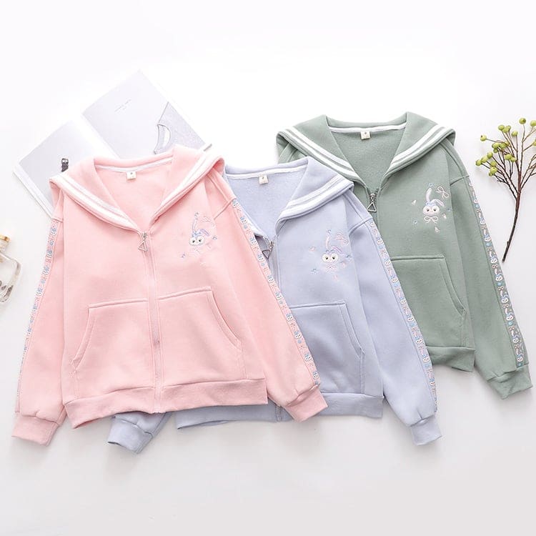 Cute Pink Fleece Cartoon Embroidery Zipper Jacket BM073