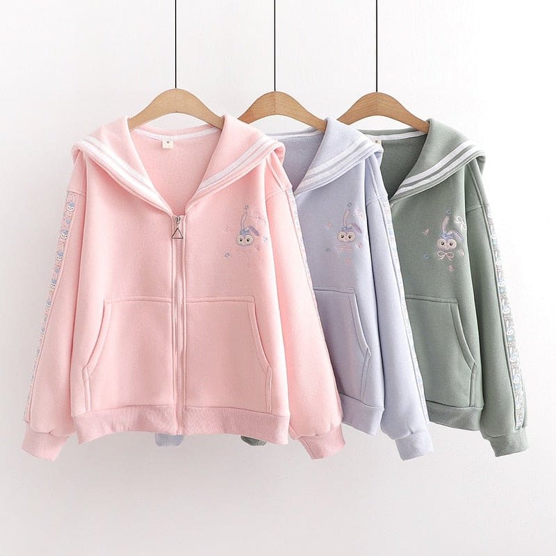 Cute Pink Fleece Cartoon Embroidery Zipper Jacket BM073