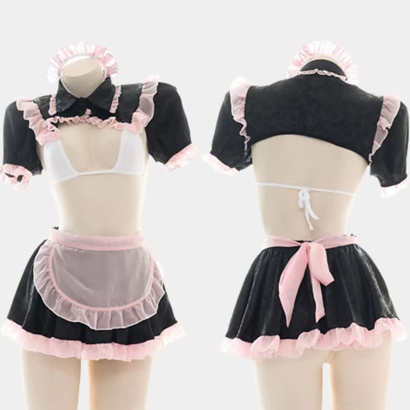 Cute Pink Lace Maid Lingerie Set - Black / One Size