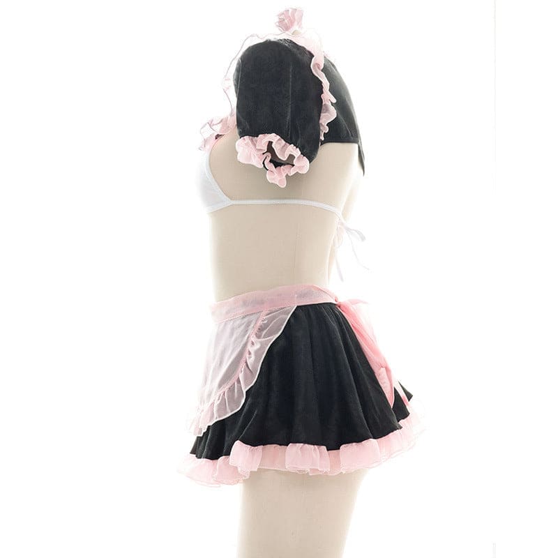 Cute Pink Lace Maid Lingerie Set - Black / One Size