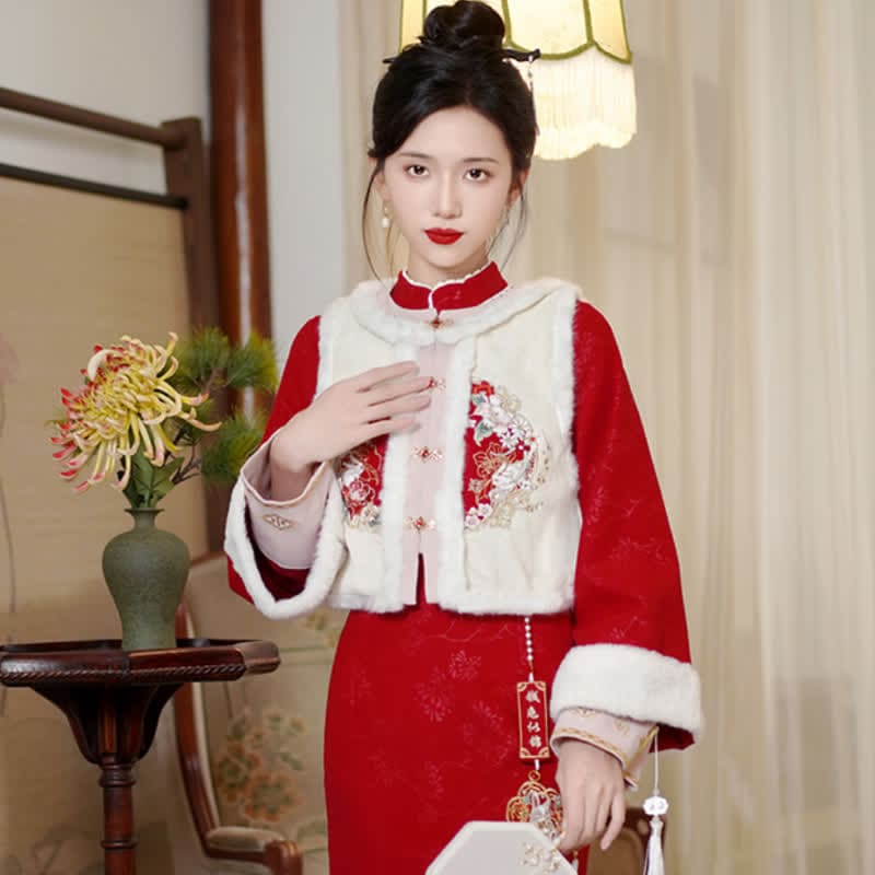 Cute Rabbit Cardigan Vest Split Cheongsam Dress