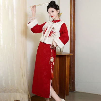 Cute Rabbit Cardigan Vest Split Cheongsam Dress