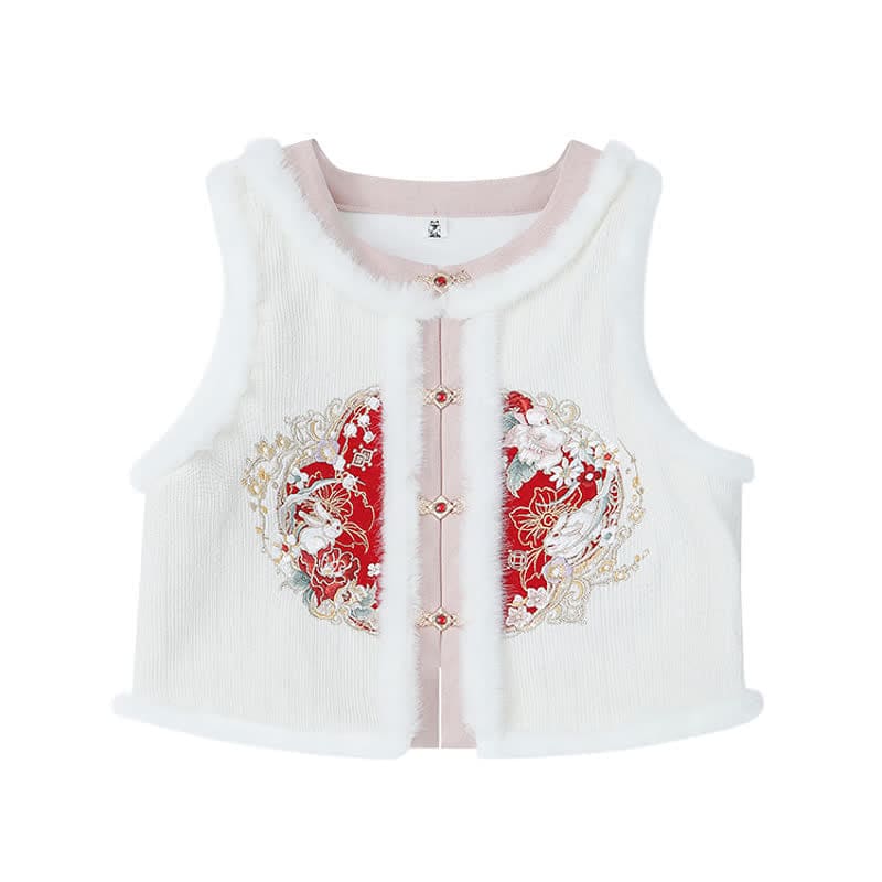 Cute Rabbit Cardigan Vest Split Cheongsam Dress - Vest / S