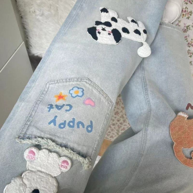 Cute Retro Cat Puppy Patch Straight Jeans