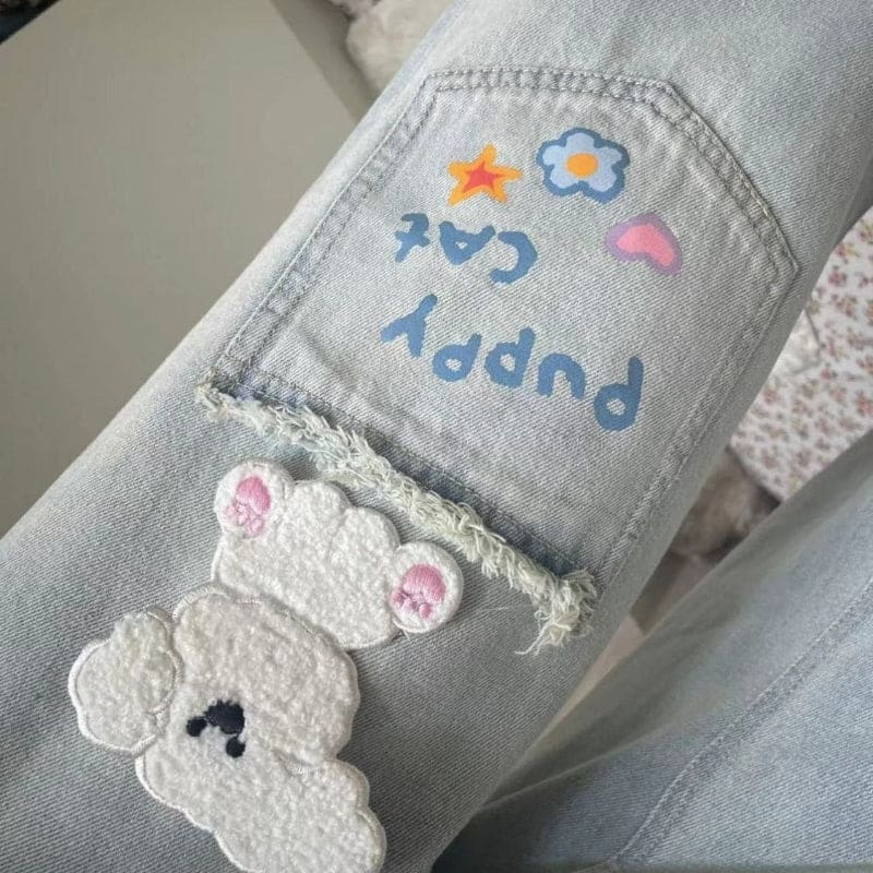 Cute Retro Cat Puppy Patch Straight Jeans