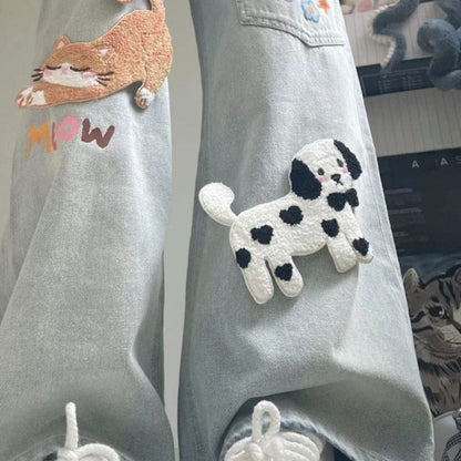 Cute Retro Cat Puppy Patch Straight Jeans