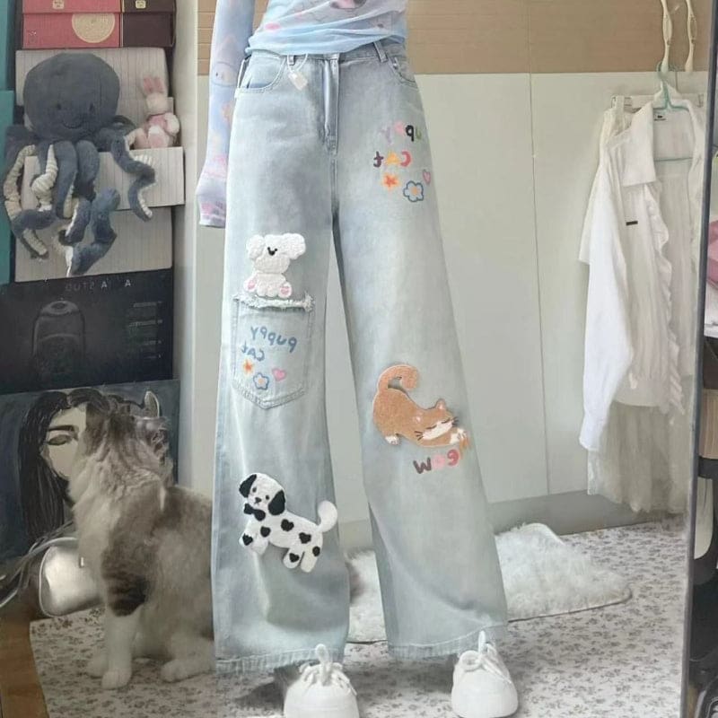 Cute Retro Cat Puppy Patch Straight Jeans