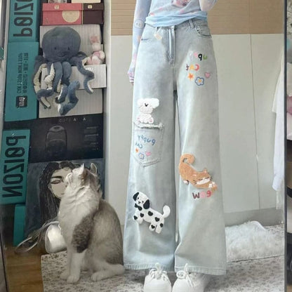 Cute Retro Cat Puppy Patch Straight Jeans - Light blue / XS