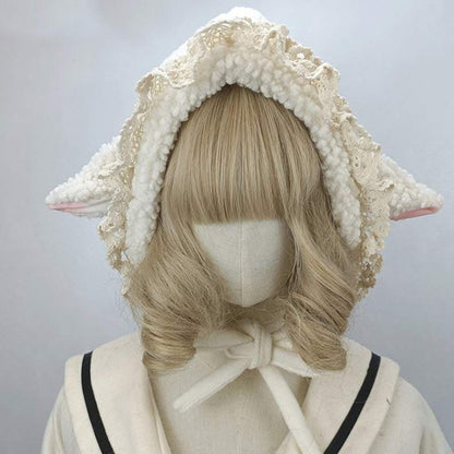 Cute Sheep Ears Lace Lolita Hat Warm - Creamy-White (Lace)