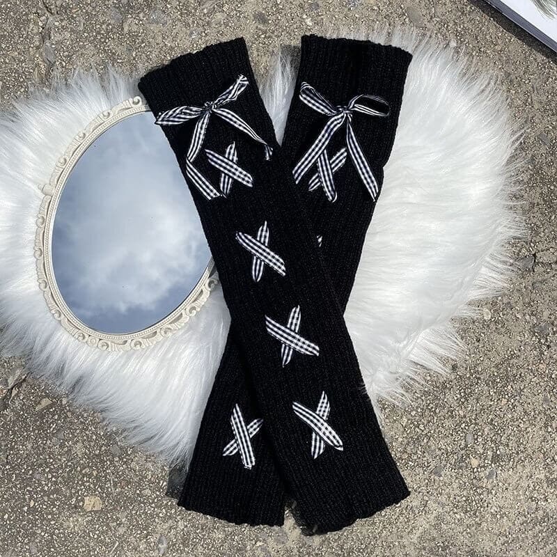 Cute Soft Ribbon Leg Warmers - Black with White ribbon