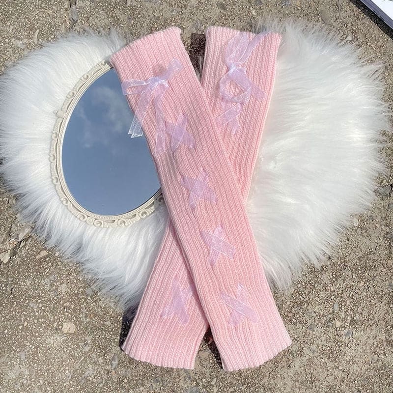 Cute Soft Ribbon Leg Warmers - Pink with White ribbon - leg