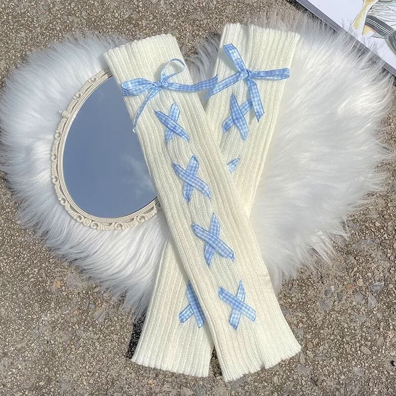 Cute Soft Ribbon Leg Warmers - White with Blue ribbon - leg