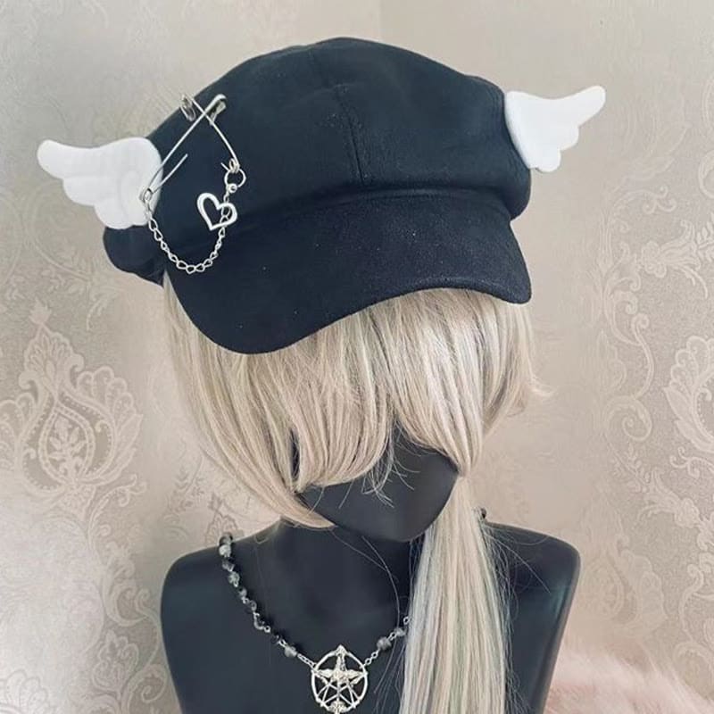 Cute Wings Decor Lolita Beret - Black / One Size