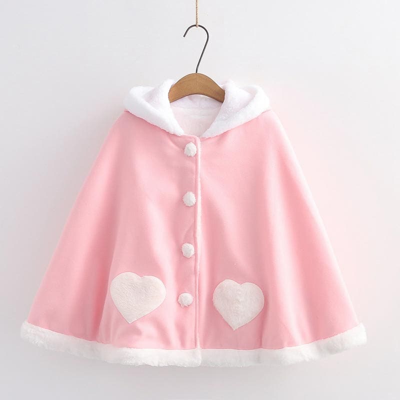 Cute Wings Ears Love Heart Hooded Short Cloak Coat - Pink