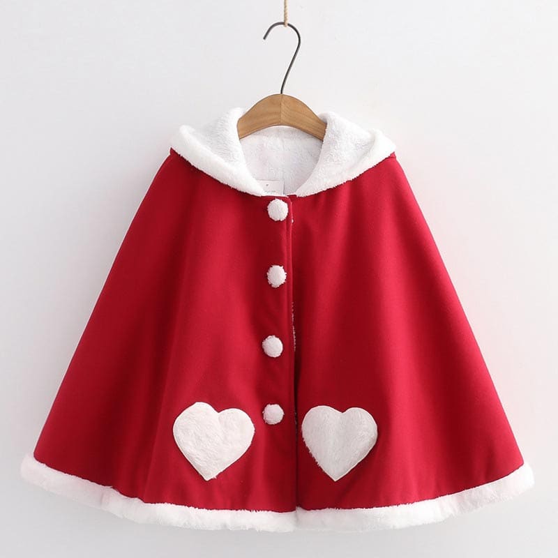 Cute Wings Ears Love Heart Hooded Short Cloak Coat - Red