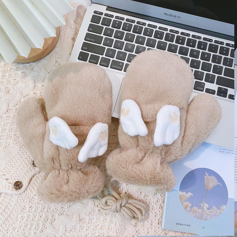 Cute Wings Warm Plush Gloves - Khaki