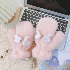 Cute Wings Warm Plush Gloves - Pink
