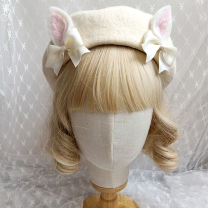 Cute Woolen Bow Beret Warm - Creamy-White (Bunny Ears) / M