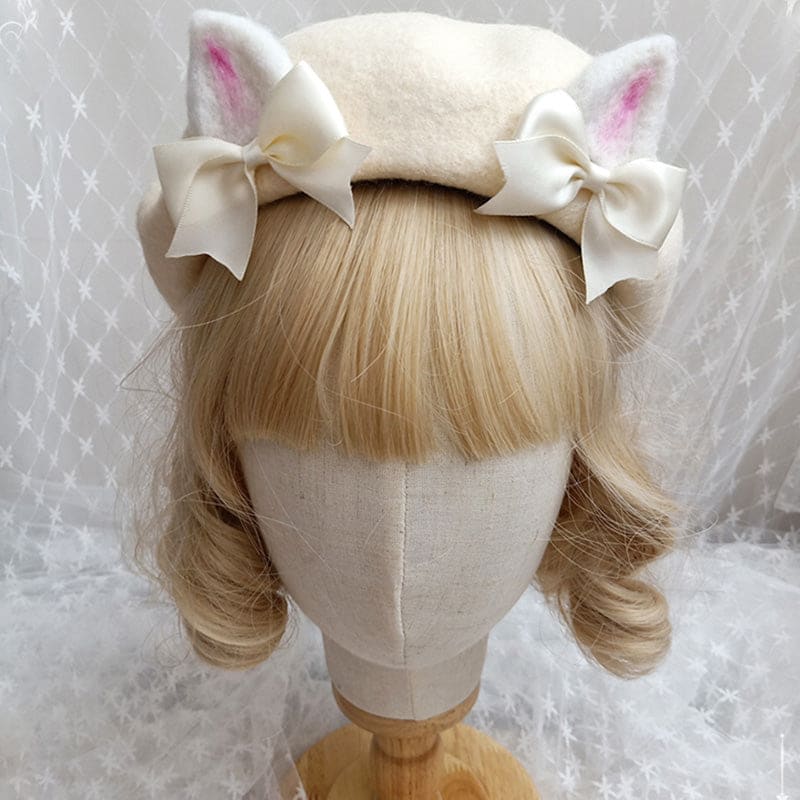 Cute Woolen Bow Beret Warm - Creamy-White (Cat Ears) / M