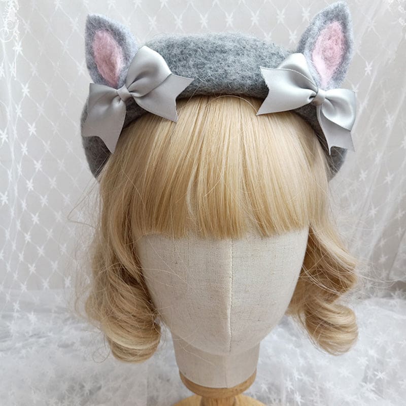 Cute Woolen Bow Beret Warm - Grey (Bunny Ears) / M (56-58cm)