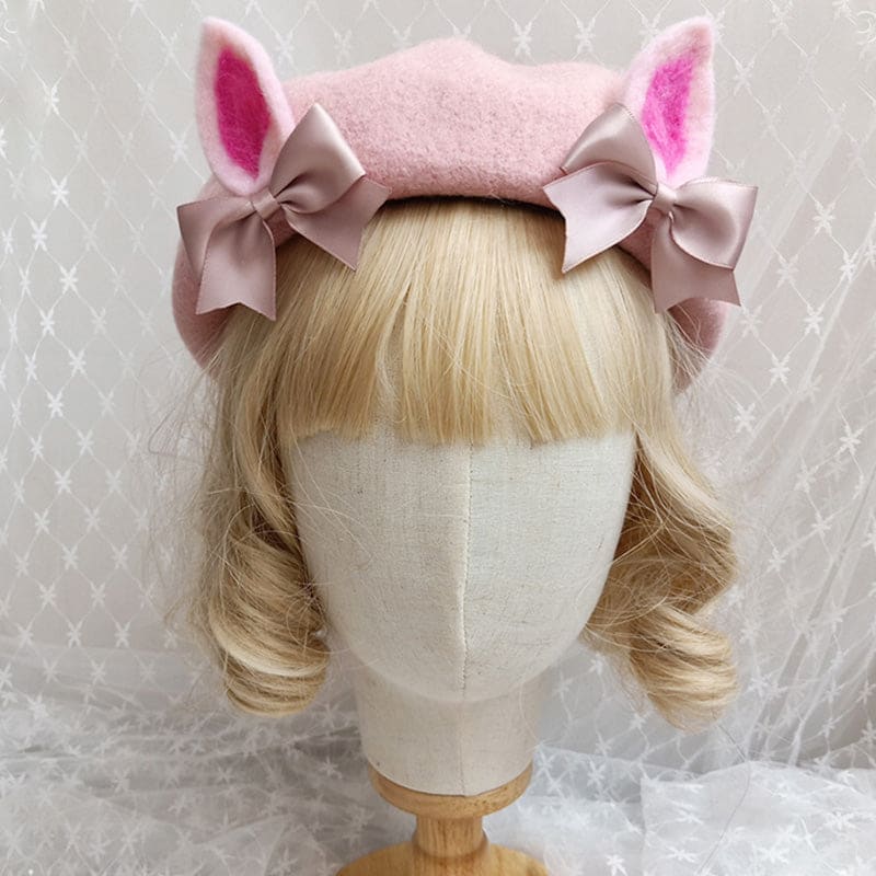 Cute Woolen Bow Beret Warm - Pink (Bunny Ears) / M (56-58cm)