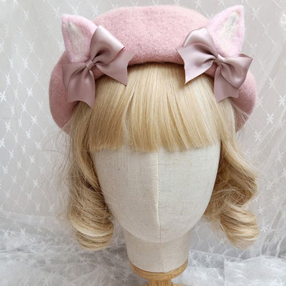 Cute Woolen Bow Beret Warm - Pink (Cat Ears) / M (56-58cm)