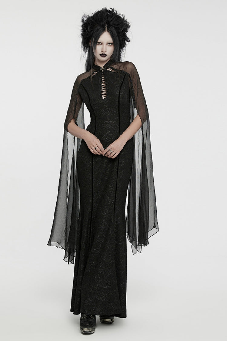 Black Cheongsam Collar Chiffon Stitching Ripped Women's Gothic Dress – KawaiiMoriStore