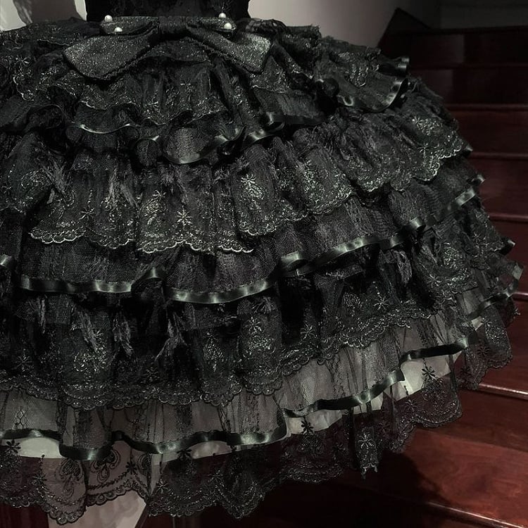 Black All Lolita Skirt Dress Hime Butterfly Fabric Hanayome Tiered Bodice