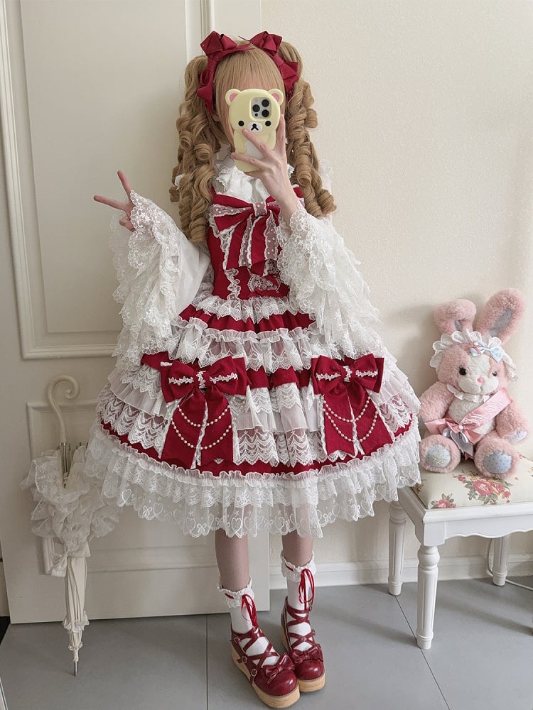 Tiered Lolita Big Red Decoration Dress Bows Hanayome Skirt