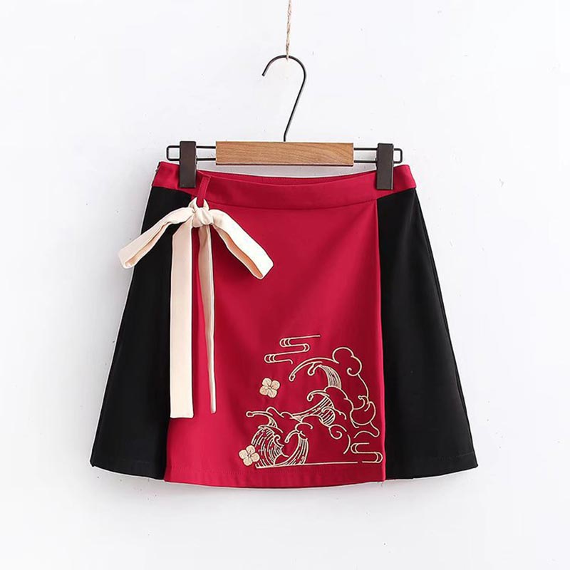 Vintage Red Embroidery Hoodie Bow Knot Skirt Set - Skirt / S